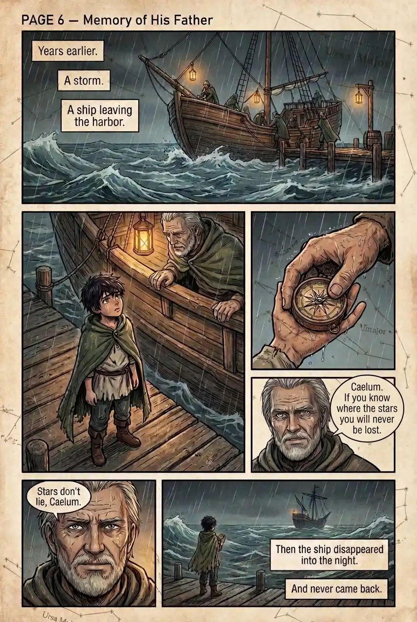 Memory of his father — "Stars don't lie, Caelum."