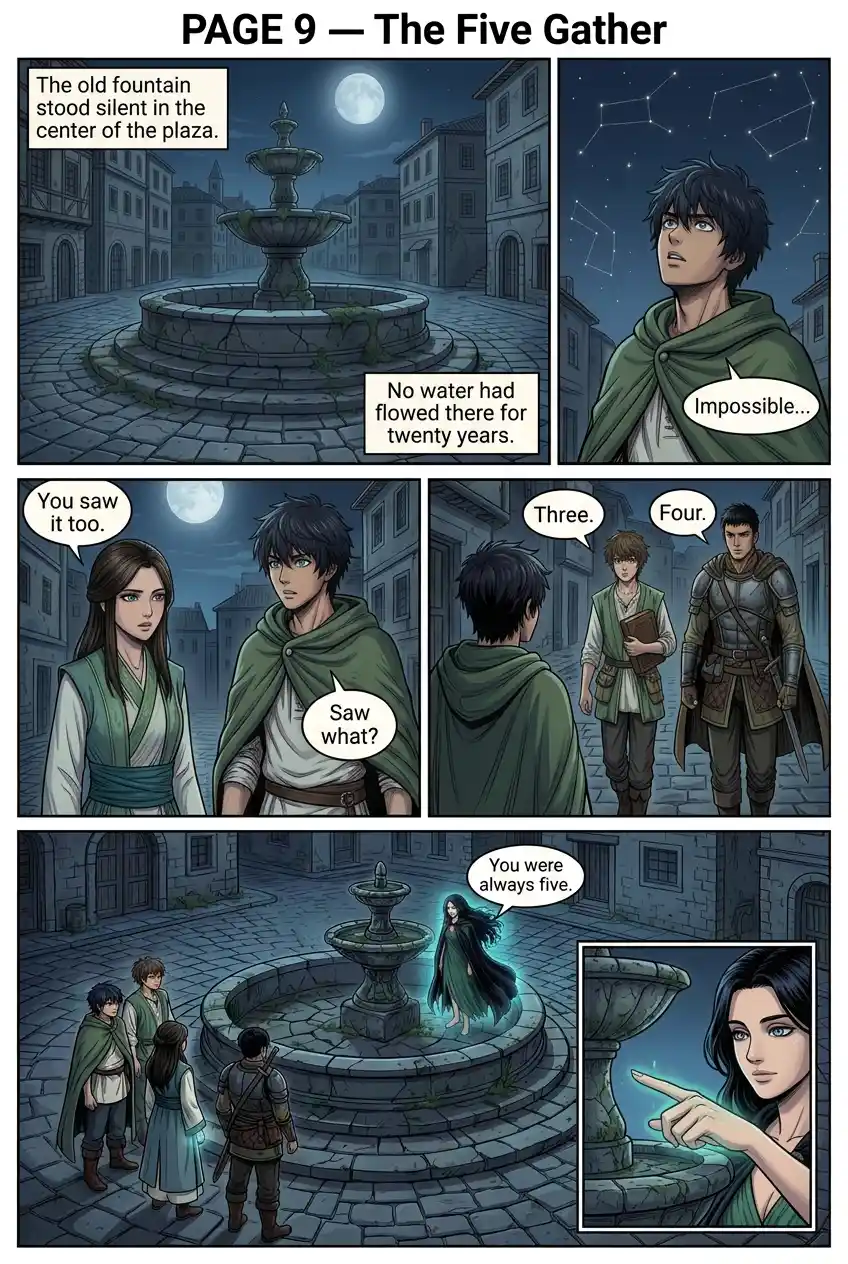 The Five gather at the fountain — "You were always five."
